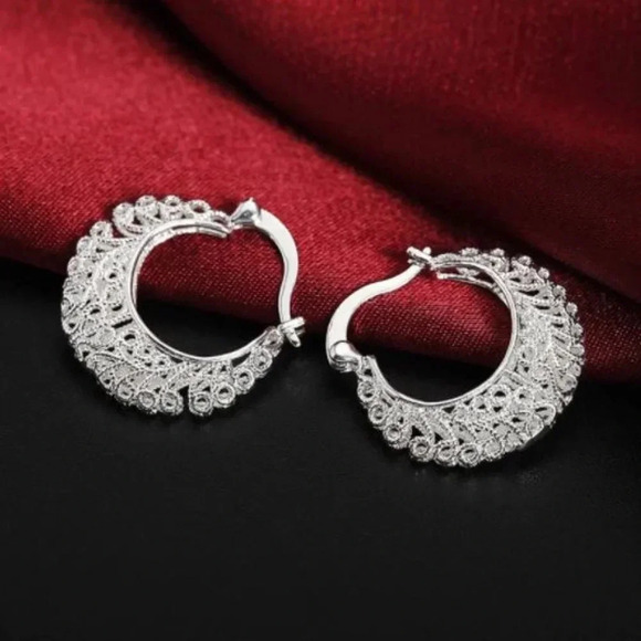 925 Sterling Silver Ornate Ethnic Hoop Earrings - Picture 6 of 6